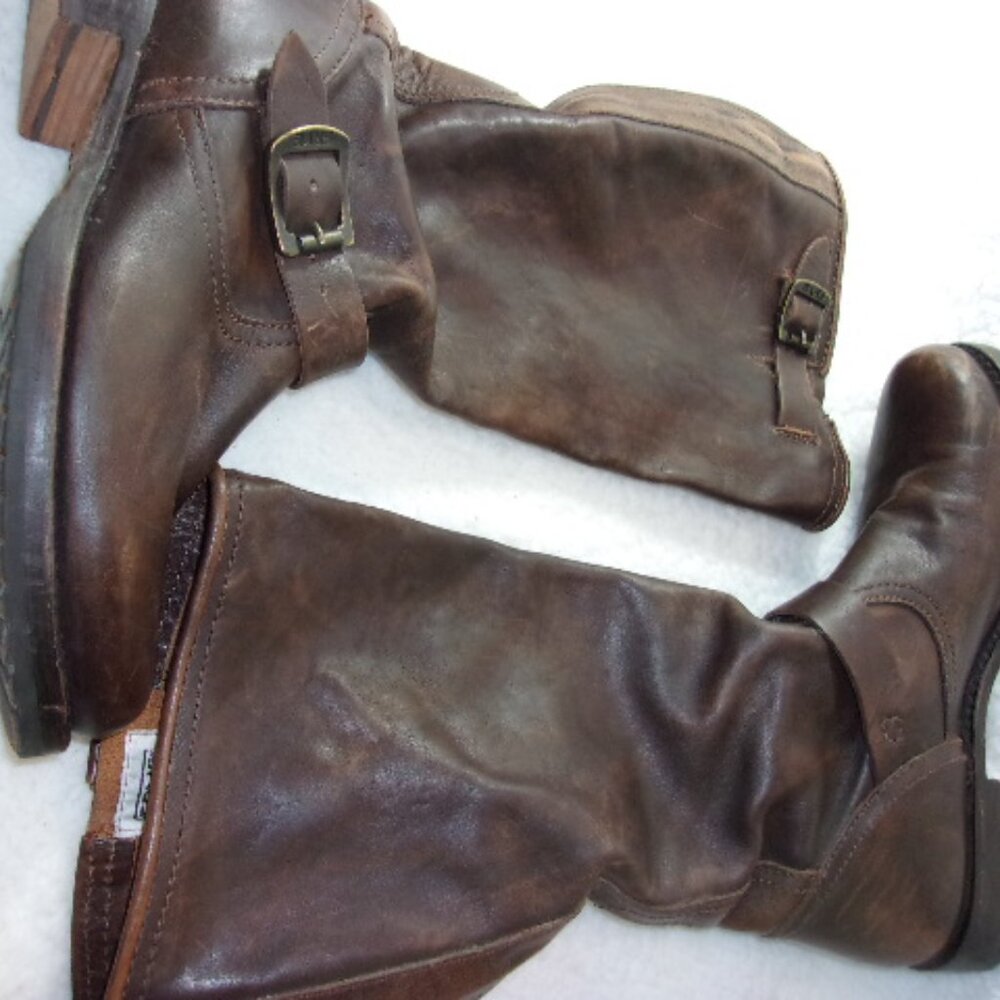 S-131 WOMENS FRYE VERONICA SLOUCH BROWN LEATHER ENGINEER BOOTS